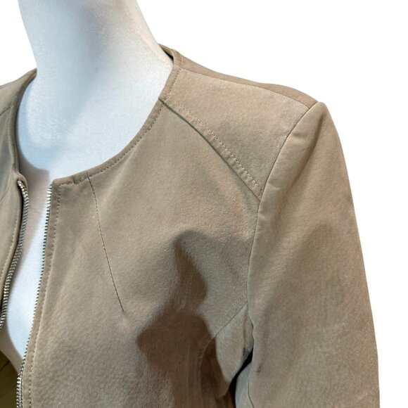 Women’s Taupe/Beige Suede Moto Jacket – Collarless Zip Front - Picture 4 of 8